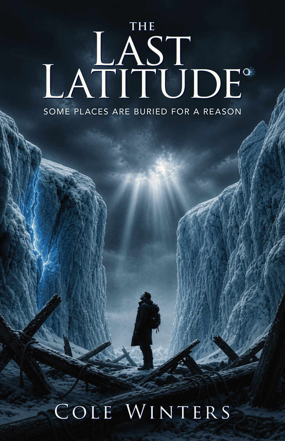 Cover of The Last Latitude by Cole Winters: a figure between walls of blue ice under shafts of light
